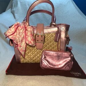 Coach Straw & Pink Leather Satchel + Matching Wristlet & Coach Scarf Bundle